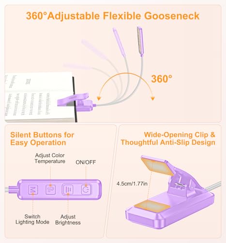Gritin 2026 Gen 2 Book Light for Reading- 30 Eye Caring Full Spectrum LED | 5 Colors & 5 Brightness, Adjustable Wide/Narrow Beam, Upgrade 1500mAh Long-Lasting Rechargeable Clip on Light-Purple - color: Purple