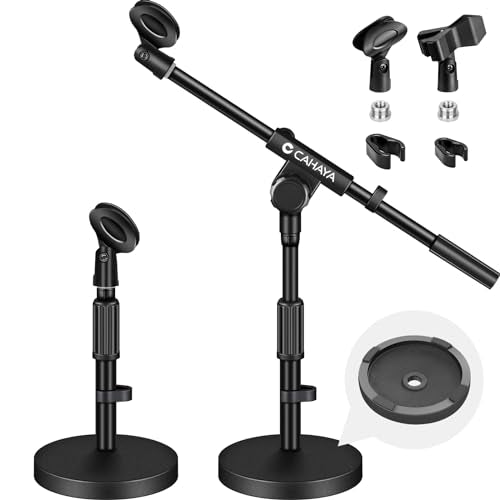 CAHAYA Microphone Stand Desk Adjustable: Boom Arm Mic Stand Desktop with 2 Mic Clips Reinforced Metal Base Table Mic Mount with 3/8" to 5/8" Screw Adapter for Singing Performance Wedding Stage Black