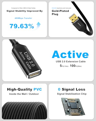 Active USB 2.0 Extension Cable 100FT(30M)with Built-in Signal Booster，480Mbps High Speed Data Transfer Male to Female Repeater Cord,in-Wall-Long USB Extender for VR/Printer/Hard Drive/Xbox/PC - size: 100 ft (30m)