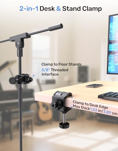 Kubeisi Desk Metal Mic Clamp, Microphone Pole Clamp for Mic Arm Desk Stand & Gooseneck Microphone Stand, Streaming Accessories with 5/8" Threaded Interface for Podcasting, Podium and Piano Performance
