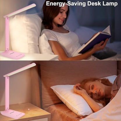 shinelife LED Desk Lamp for Office Home, Bright Desk Light with USB Charging Port, Adjustable Dimmable Desk Lamps 5 Modes 5 Brightness, Touch Study Lamp for Nail, Craft, Puzzle, Sewing, Study, Pink - color: Pink