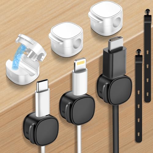 6 Pack,Magnetic Cable Clips & Silicon Cable Ties,[Cable Smooth Adjustable Under Desk Organizer],Cable Management,Cord Holder-Desk Stand Cable Organizer Holding,Adhesive for Home Cable Keeper - color: 3Black+3White
