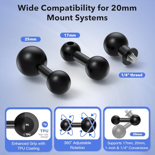 20mm Ball Head Adapter Kit – Converts to 1/4"-20 Screw, 17mm & 25mm Ball – for GPS, Camera, Phone Mounts, iOttie, Tackform, Scosche, More
