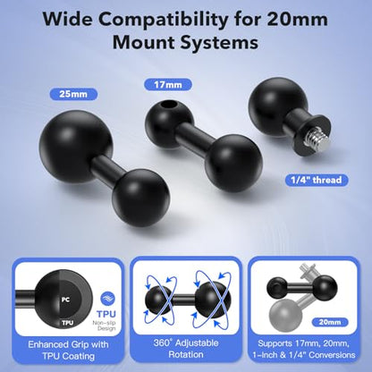 20mm Ball Head Adapter Kit – Converts to 1/4"-20 Screw, 17mm & 25mm Ball – for GPS, Camera, Phone Mounts, iOttie, Tackform, Scosche, More