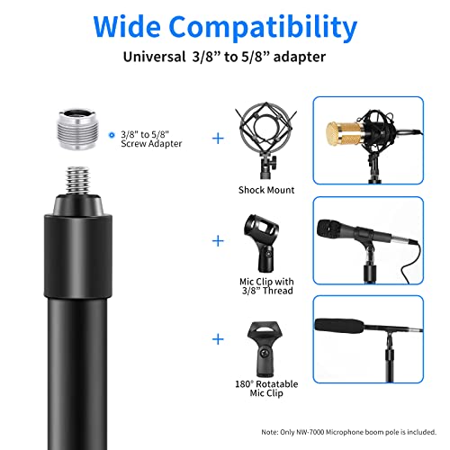 NEEWER NW-7000 Microphone Boom Arm, 3 Section Extendable Handheld Mic Arm with 3/8" & 3/8" to 5/8" Screw Adapter, 3ft to 8ft Adjustable Length,Auxiliary - style: ST-NW-7000