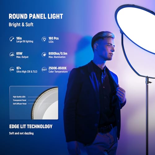 NEEWER 18" RGB LED Round Panel Video Light with APP Control, 65W 6000Lux/0.5m 2500K-8500K RGBCW Photography Studio Lighting /18 Scenes/V Battery Powered for Outdoor Filming Recording Streaming, GR18C