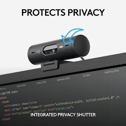 Logitech Brio 505 Full HD 1080p Webcam with auto Light Correction, framing, Dual Noise Reduction mics, Privacy Shutter - Works with Teams, Meet, Zoom, TAA Compliant.