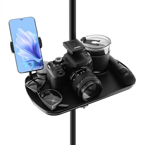 Microphone Stand Tray with Phone Holder, 12.2" Large Clamp On Shelf Table | Fits 0.4"-2" pole. Hold 9.9 lbs. Raised edge. Fits karaoke music stand studio concert floor lamp beach sunshade table storage