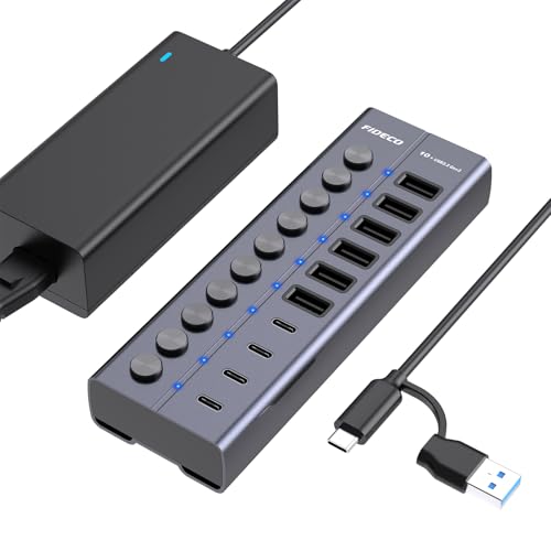FIDECO 60W Powered USB Hub for Laptop and PC, 10-Port 10Gbps USB Splitter with 12V 5A Power Adapter, Aluminum USB 3.2 Gen 2 Multiport Adapter, 6 USB-A and 4 USB-C Ports, Support BC1.2 Charging - color: Silver