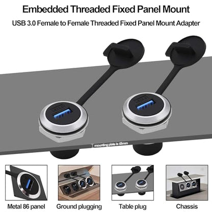 USB 3.0 Panel Mount Coupler USB Type A Female to Female Adapter Threaded Fixed Bulkhead Extension Embedded Round Connector with Water/Dustproof Cap