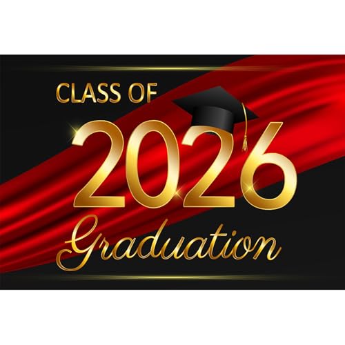 9x6ft Class of 2026 Graduation Backdrops for Photography Black Gold Red Streamer Bachelor Hat Photo Background Grad Congrats Party Banner Background Prom Party Supplies Decorations - size: 9x6ft