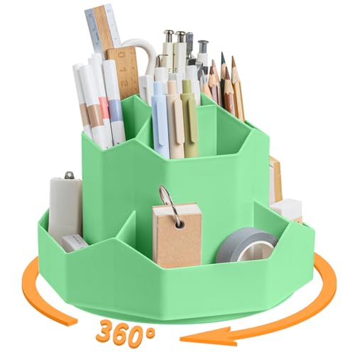 Pencil Pen Holder for Desk,9 Slots 360 Degree Rotating Desk Organizers,Desktop Storage Stationery Supplies Organizer, Cute Pencil Cup Pot For Office, School, Home(Green) - color: Green