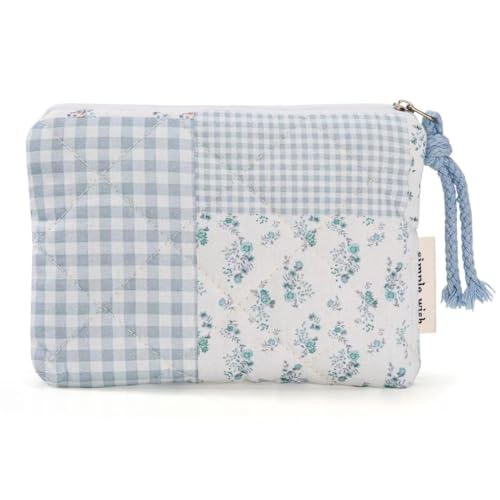 Cotton Quilted Floral Coin Purse Digital Camera Pouch,Small Quilted Cotton Makeup Bag for Purse,Travel Toiletry Pouch, Lipstick Bag Data Cable Organizer (Blue)
