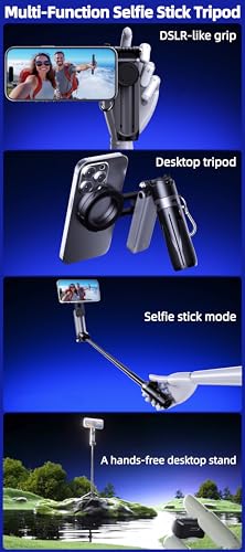 4 in 1 Magnetic Tripod Pocket Selfie Stick Extends to 1.5ft (47.5cm) Cell Phone Stand Portable Camera Grip Handle with Wireless Detachable Remote Control for Photograph/Live Streaming/Video