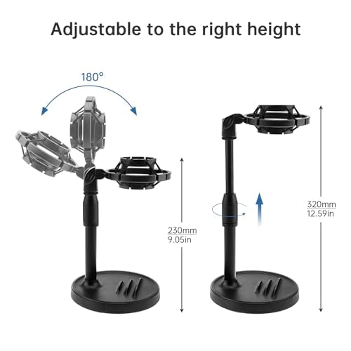 RTNLIT Desktop Mic Stand with Phone Holder, Adjustable Desk Microphone Stand with Pop Filter, Shock Mount, Mic Clip, 3/8" to 5/8" Screw Adapter for Blue Yeti Snowball Shure SM7B and Other Mics