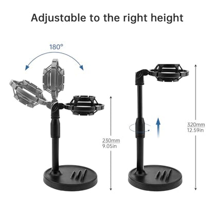 RTNLIT Desktop Mic Stand with Phone Holder, Adjustable Desk Microphone Stand with Pop Filter, Shock Mount, Mic Clip, 3/8" to 5/8" Screw Adapter for Blue Yeti Snowball Shure SM7B and Other Mics