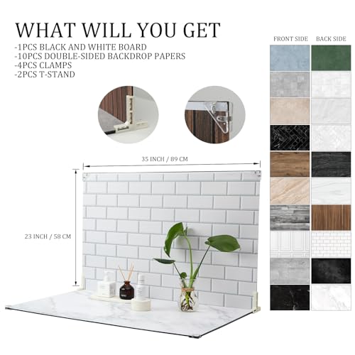 Product Photography Backdrops, 23x35inch 10 Pcs 20 Patterns Photo Backdrop Board, Double-Sided Waterproof Flat Lay Background Paper for Food, Jewelry, Cosmetics