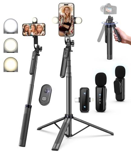 Yeaki Vlogging Kit for iPhone/Android, 71" Selfie Stick Tripod for iPhone with Light, Wireless Remote & Microphone, Adjustable Phone Tripod for TikTok/YouTube Starter Content Creator Essentials Kit - size: Tripod with Small Ring Light & Mic