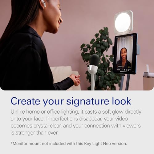 Elgato Key Light Neo, No Mount, Professional Studio Light | Adjusts for all skin tones, Up to 1000 lumens with USB power, Edge-lit, glare-free design, Fits stands and clamps - color: White, style: No Monitor Mount