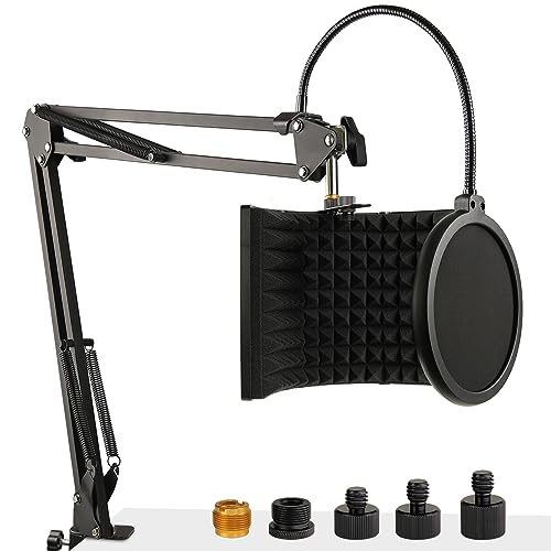 Microphone Isolation Shield with Mic Stand and Pop Filter, Foldable Sound Shield for Most Condenser Microphone Recording Equipment Studio, High Density Absorbent Foam to Filter Vocal by Frgyee - size: Acoustic Foam_Set