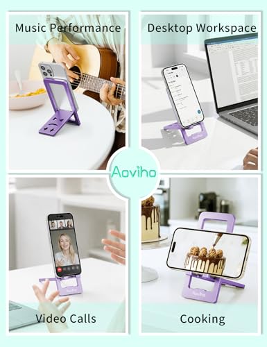 Aoviho Phone Stand for Desk, Ultra-Thin Foldable Aluminum Phone Holder, Portable Travel & Office Cell Phone Stand Compatible with iPhone 17 16 15 14 13 12 Pro Max, Fits 3.7"-7" Devices, Purpel - color: Purple