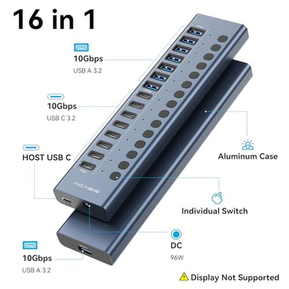 ACASIS 16 Ports Powered USB 3.2 Hub (8 USB-A 3.2 +8 USB-C 3.2) | Aluminum USB Hub Powered with 96W Power Adapter, USB Hub for PC/Laptop, Computer, Flash Drive, Printer, Camera - color: Gray
