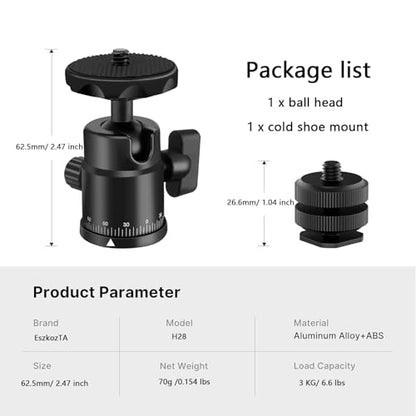 Universal 1/4" Swivel Mini Ball Head Screw Tripod Mount with Hot Shoe Mount, EszkozTA 360° Panoramic Rotating Mount Base Adapter for DSLR Cameras HTC Vive Tripods Monopods Light Stand - color: Black