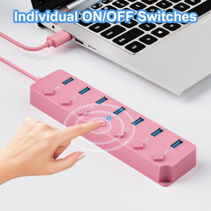 USB Hub 7 Port, USB Splitter with Individual On/Off Switches and Lights | USB 3.0 Hub with 3.3ft Cable, Extender for A Port Laptop, PC, Desktop-Pink - color: Pink