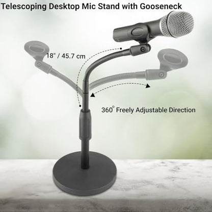 Telescoping Desktop Gooseneck Mic Stand, Adjustable 12–18″ Height with 6″ Flexible Arm, Heavy 3.9 lb Weighted Base, Mic Clip & Adapter – Ideal for Podcasting & Streaming - size: 12-18 inch