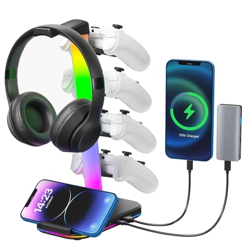 Controller Holder 5 Tier Headphone Stand Gaming Headset Holder RGB PC Gaming Accessories for Desk, Cool LED Headset Stand with 2 Type-C Outport, 1 USB Charger for Gamer, Black - size: 5-tier