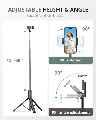 Sensyne 68" Phone Tripod & Selfie Stick, Lightweight All in One Phone Tripod Integrated with Wireless Remote Compatible with All Cell Phones for Selfie/Video Recording/Photo/Live Stream/Vlog（Black） - size: 68in