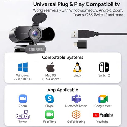 1080P Webcam with Microphone Noise Reduction, Auto Exposure, 90°FOV Wide Angle, Privacy Cover, USB-A to C Adapter, Plug & Play Streaming Camera for PC/Mac/Switch 2, Zoom/Teams/Skype/Meetings
