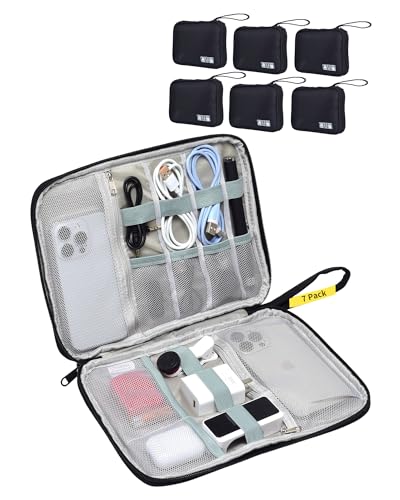 7 Pack Electronics Travel Organizer Case for Chargers and Cords | Large Travel Cable Organizer Pouch Electronic Accessories Carry Case for Power Bank, SD Card, Phone, Earphone Black - size: 7 Pack Large