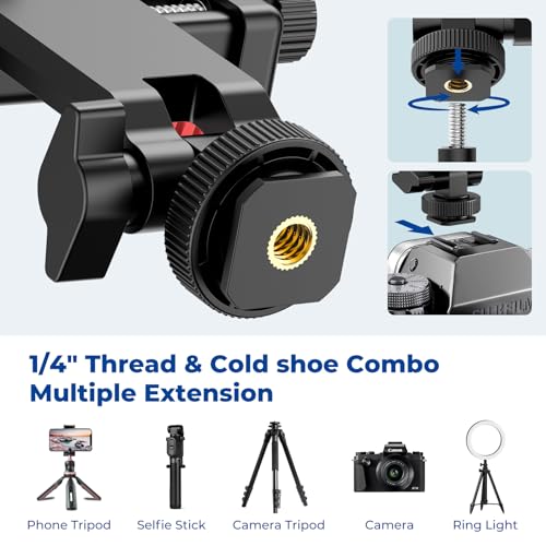 Ruittos Phone Tripod Mount with Remote Controller, New Universal Smartphone Mount Adapter with Cold Shoe, 360° Rotates Cell Phone Clip Clamp Holder, Compatible with iPhone, Samsung and All Phones