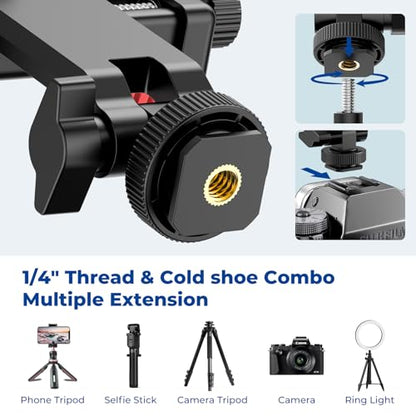 Ruittos Phone Tripod Mount with Remote Controller, New Universal Smartphone Mount Adapter with Cold Shoe, 360° Rotates Cell Phone Clip Clamp Holder, Compatible with iPhone, Samsung and All Phones