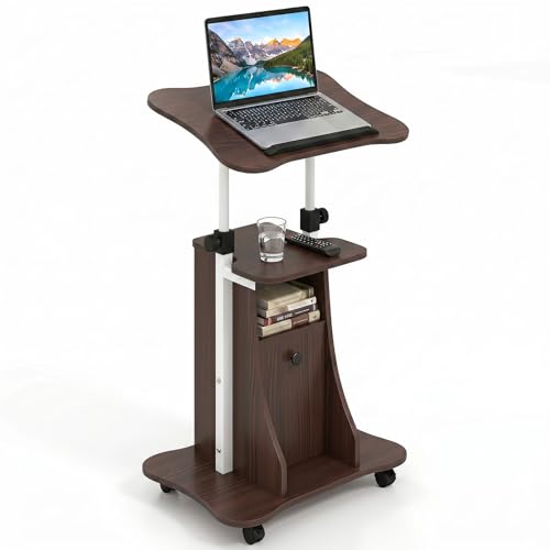 Tangkula Rolling Lectern Podium Stand, Height Adjustable Laptop Table with Tilting Tabletop & Storage Shelves, Compact Standing Desk with Lockable Casters for Home Office School (Brown) - color: Brown, size: 21.5" x 16" x 37.5"