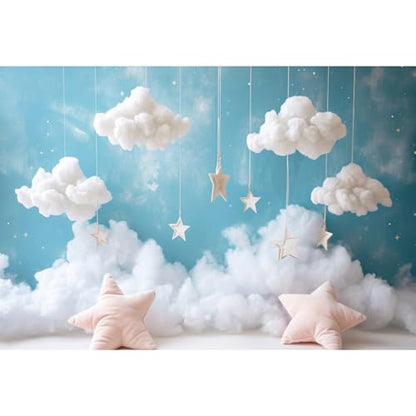 YongFoto Cute Sky Clouds Star Blue Backdrop 8x6ft Kids Photography Background Boy Girl Birthday Baby Shower Cradle Ceremony Party Banner Child Portrait Photoshoot Wallpaper Photo Studio Booth Props - color: Blue, size: 8ftx6ft