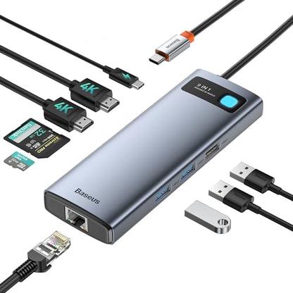 Baseus Laptop Docking Station Dual Monitor 9 in 1 USB C Hub up to 4K@120Hz with 2 HDMI, 1000Mbps LAN, Max 85W PD, 3 USB, SD Card Reader,USB C Dock Compatible with iPhone/Mac/Dell/HP/Surface/Steam Deck - size: 9 in 1
