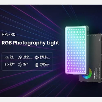 Hohem HPL-R01 Photography Lighting, On Camera Light, RGB Video Light, 130 Minutes Portable Camera Light, CCT 2500K-9000K, CRI 95+, TLCI 97+, 24 FX Effects, 10W Output for TikTok, Content Creator