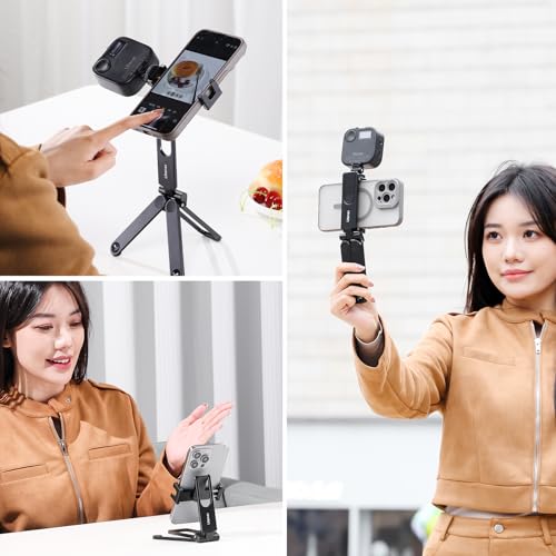 ULANZI MA26 Foldable Phone Tripod, Pocket Cell Phone Vlog Video Tripod Handle Aluminium Smartphone Desk Stand 2 Cold Shoe Small Size All in One Lightweight Portable Vlog Stick for iPhone 17 Samsung
