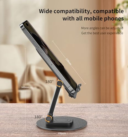 360° Rotating Cell Phone Stand for Desk, Adjustable & Foldable Phone Holder, Aluminum Desktop Phone Stand with Anti-Slip Base, Compatible with iPhone, iPad, Android Phones, K39B-Black