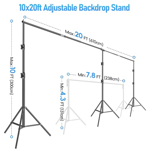 EMART Back Drop Adjustable Stand, 10x20 Backdrop Stand Heavy Duty Photography Background Support System Kit with 300° Angle Rotatable Connector and 8 Spring Clamps for Parties, Wedding, Photo Studio - size: 20×10ft(W×H）