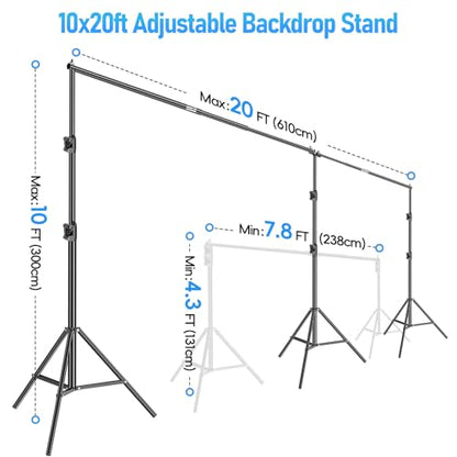 EMART Back Drop Adjustable Stand, 10x20 Backdrop Stand Heavy Duty Photography Background Support System Kit with 300° Angle Rotatable Connector and 8 Spring Clamps for Parties, Wedding, Photo Studio - size: 20×10ft(W×H）