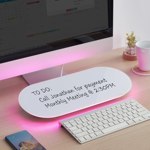 TSJ OFFICE Glass Desktop Whiteboard - 17 X 7 Inches Small Dry Erase Board with Pink Light, Glass White Board Surface Notepad with 1 Drawer, Desk Organizers for Office, Home, School Supplies - color: Pink Light (White Glass)