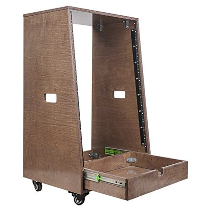 Sound Town DIY 16U Slanted Recording Studio Rack with Extra 2U Drawer, Rubber Feet & Casters, Solid Baltic Birch Plywood Audio Equipment Rack, Weathered Brown (SDRK-16TBD2) - size: 16U, Weathered Brown, Slanted w/ Drawer