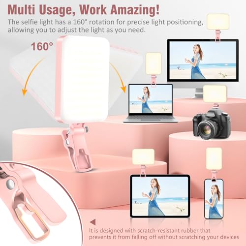 ALTSON 60 LED Portable Selfie Light Video Conference Lighting with Clip & Camera Tripod Adapter Rechargeable 2200mAh CRI 97+, 9 Light Modes for Phone iPhone Webcam Laptop Photo Makeup - color: Pink