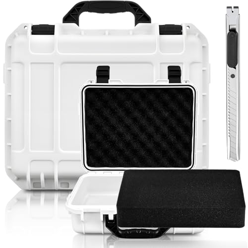 Relaxweex 1 Pcs Waterproof Hard Case with DIY Customizable Foam Insert Portable Protective Case with Knife for Camera Drones Equipments Tools Test Instruments(White,11.3 x 8.7 x 4.2 Inch) - color: White, size: 11.3 x 8.7 x 4.2 Inch