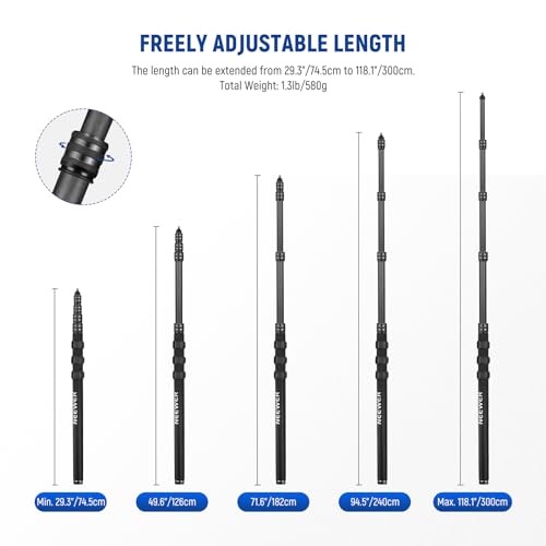NEEWER Upgraded Microphone Boom Pole, 9.8ft/300cm Telescopic Carbon Fiber Mic Boom Arm with 5 Sections, 1/4" 3/8" 5/8" Screw Adapters, Cable Straps, Shoulder Strap & Storage Bag, MS-300CB (Black) - style: MS-300CB