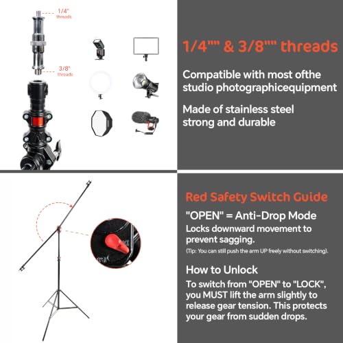 KATE Photography Light Stand with Boom Arm, 3-in-1 Heavy Duty Aluminum Alloy 12.5ft Tripod Stand with 2 Empty Sandbag, 11lbs Max Load for Video Light, Softbox, Strobe, Reflector, Camera