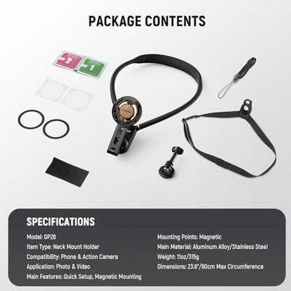 NEEWER Magnetic Neck Holder for Action Camera & Phone, Hands Free Neck Mount with Chest Strap Compatible with GoPro DJI Insta360 iPhone, Phone Holder for POV Vlog Video Recording, GP26 - style: GP26
